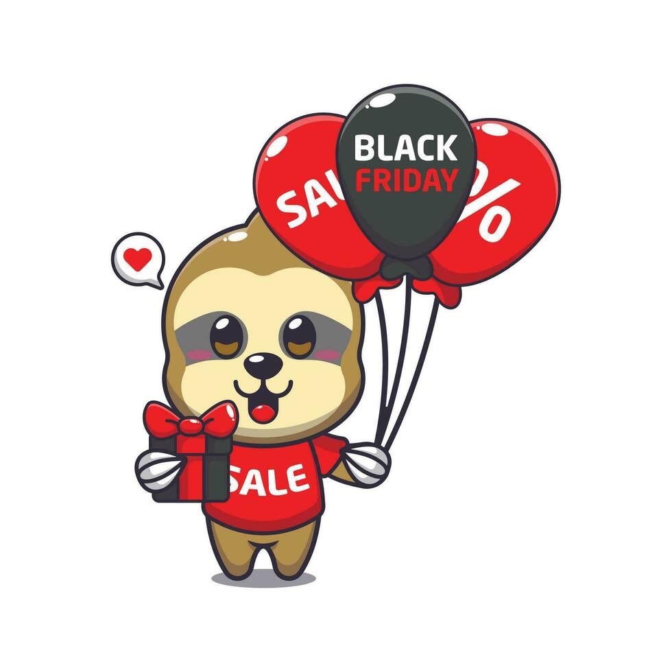 cute sloth with gifts and balloons in black friday sale cartoon vector illustration