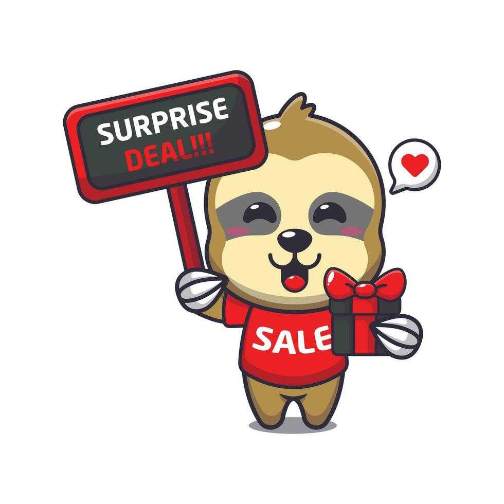 cute sloth with promotion sign and gift box in black friday sale cartoon vector illustration