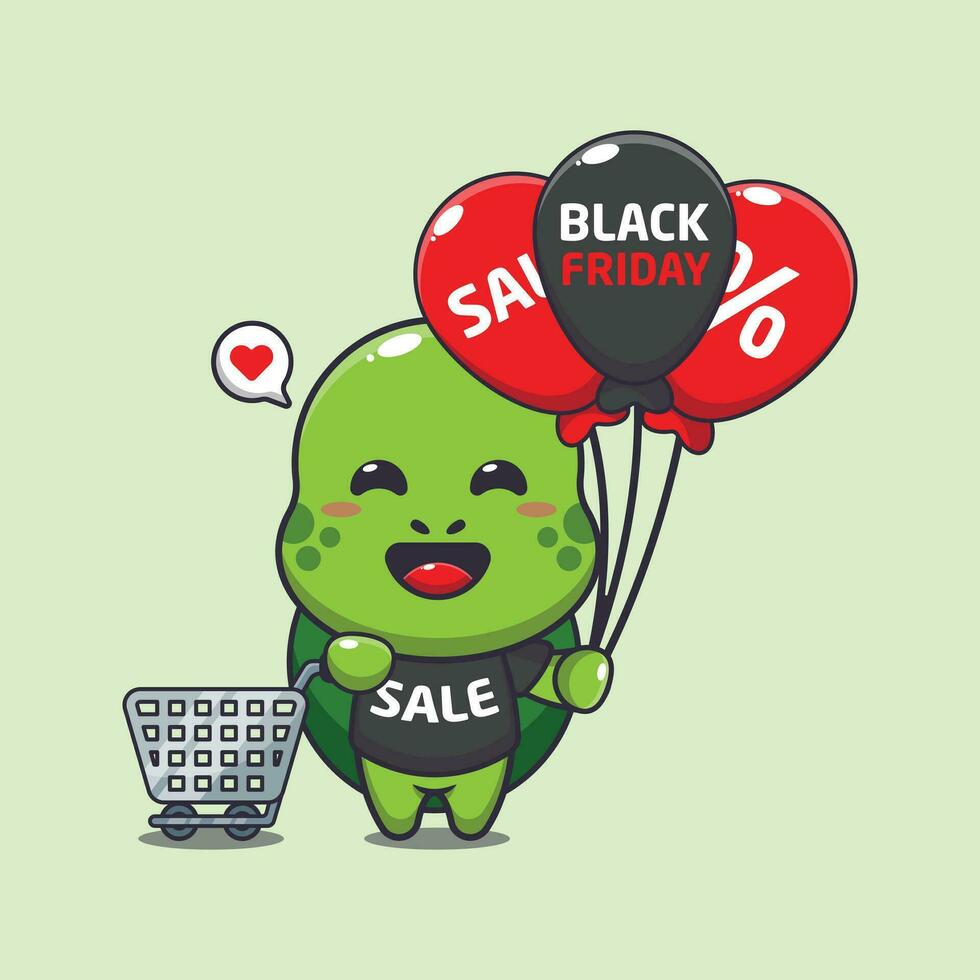 cute turtle with shopping cart and balloon at black friday sale cartoon vector illustration