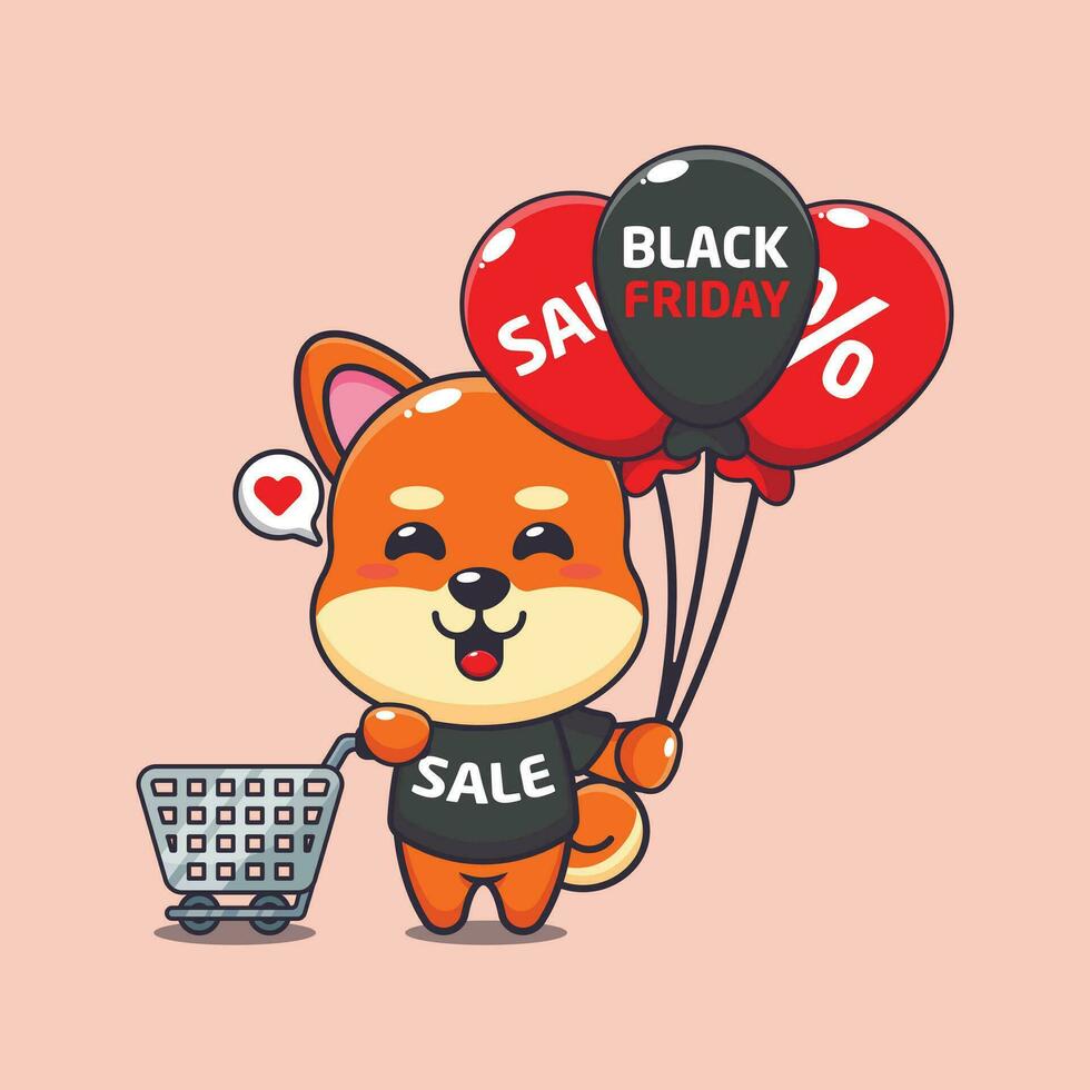 cute shiba inu with shopping cart and balloon at black friday sale cartoon vector illustration