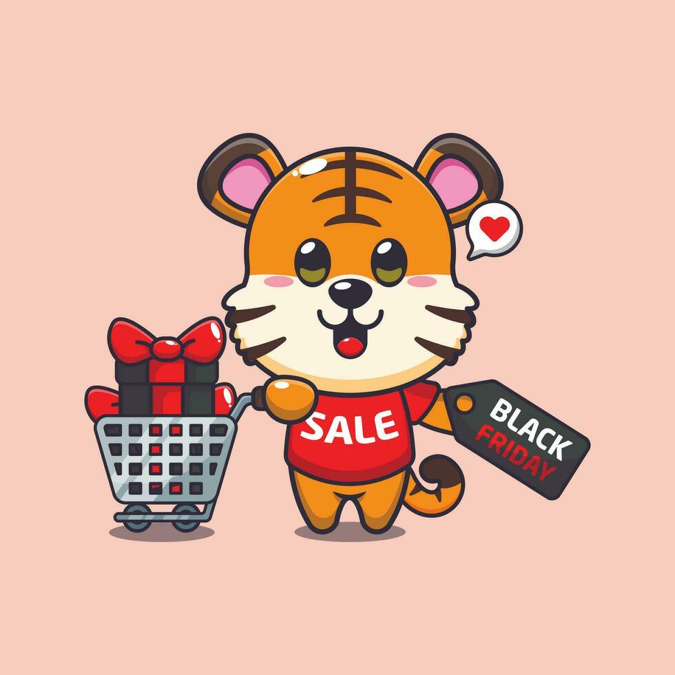 cute tiger with shopping cart and discount coupon black friday sale cartoon vector illustration