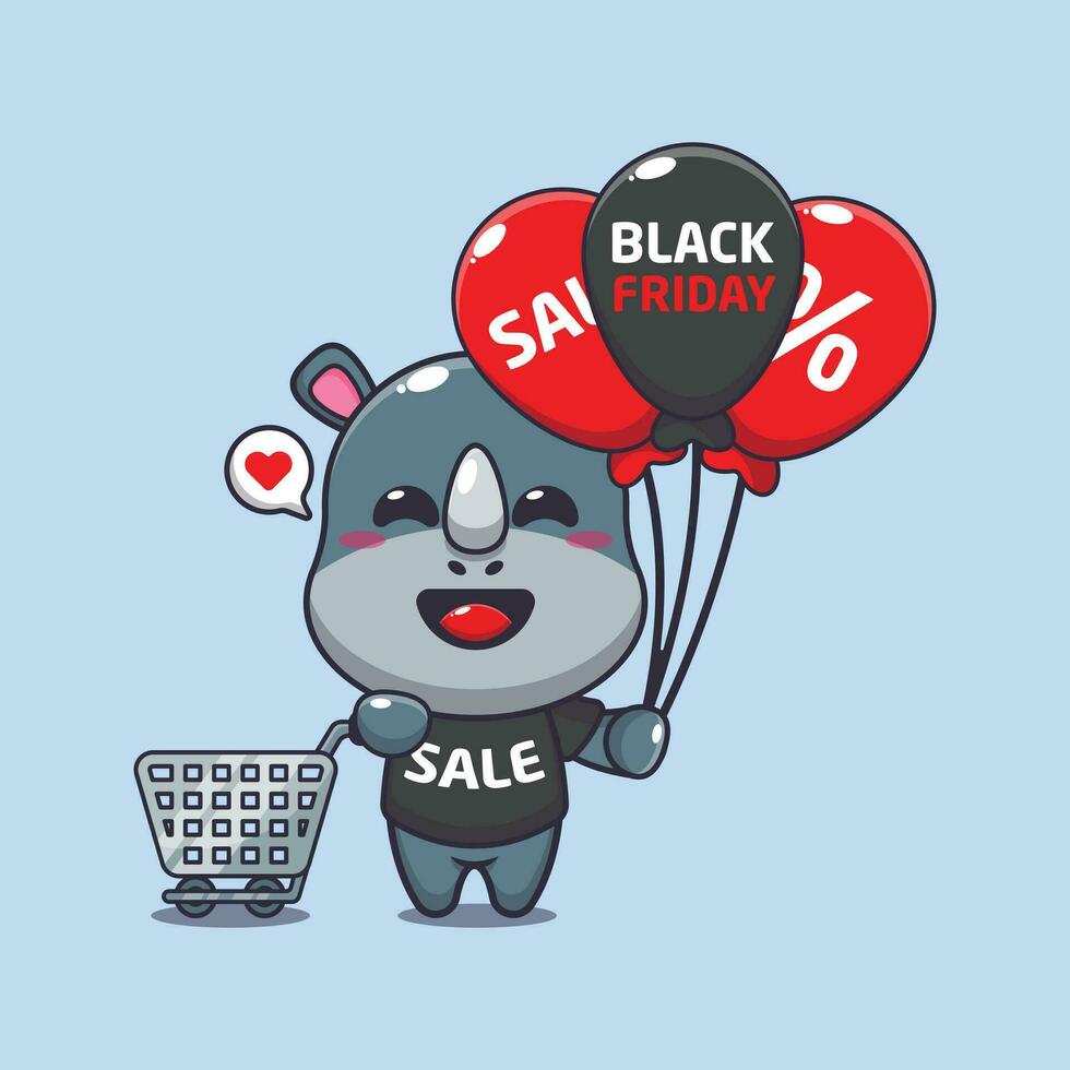 cute rhino with shopping cart and balloon at black friday sale cartoon vector illustration