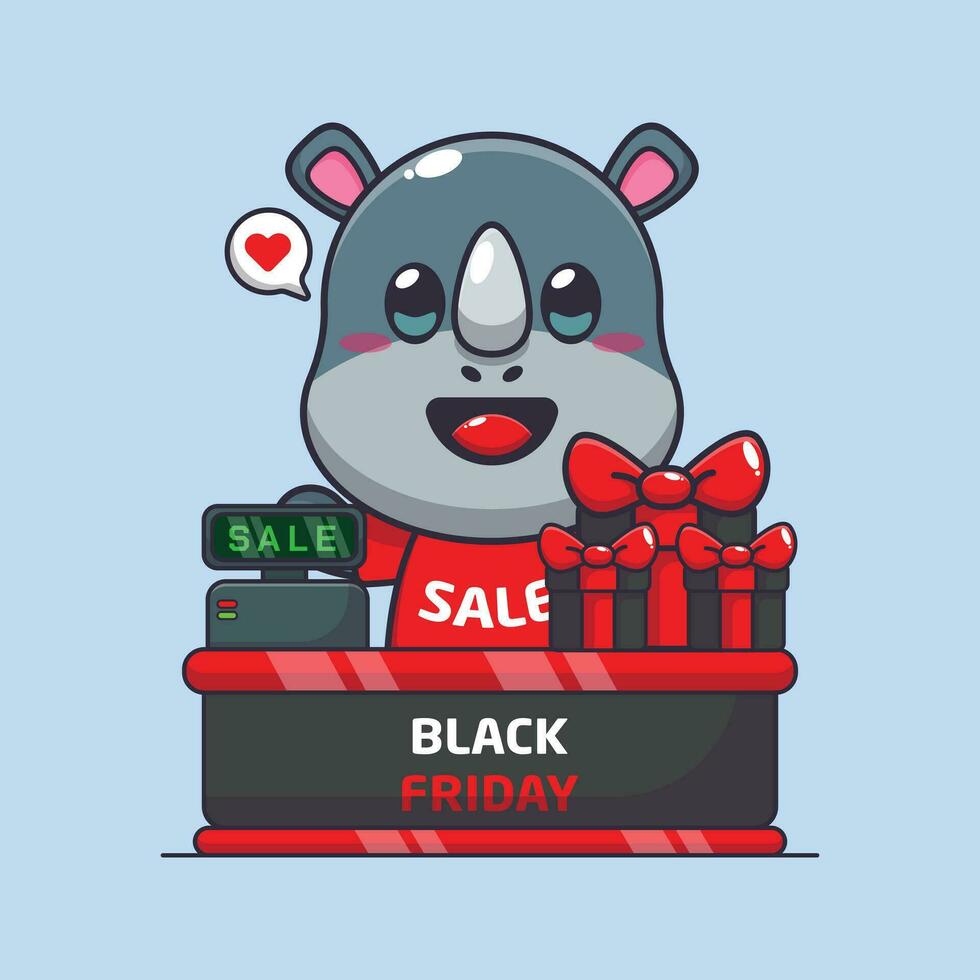 cute rhino with cashier table in black friday sale cartoon vector illustration