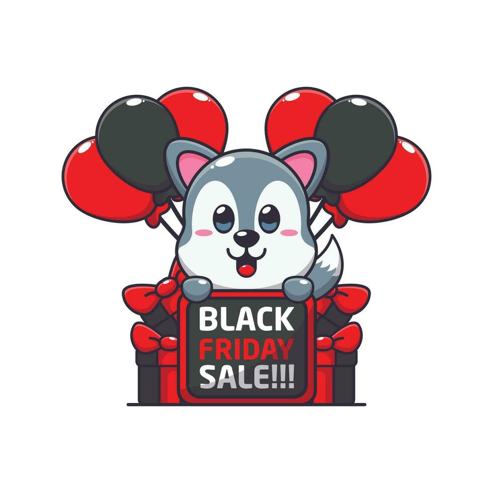cute wolf happy in black friday sale cartoon vector illustration