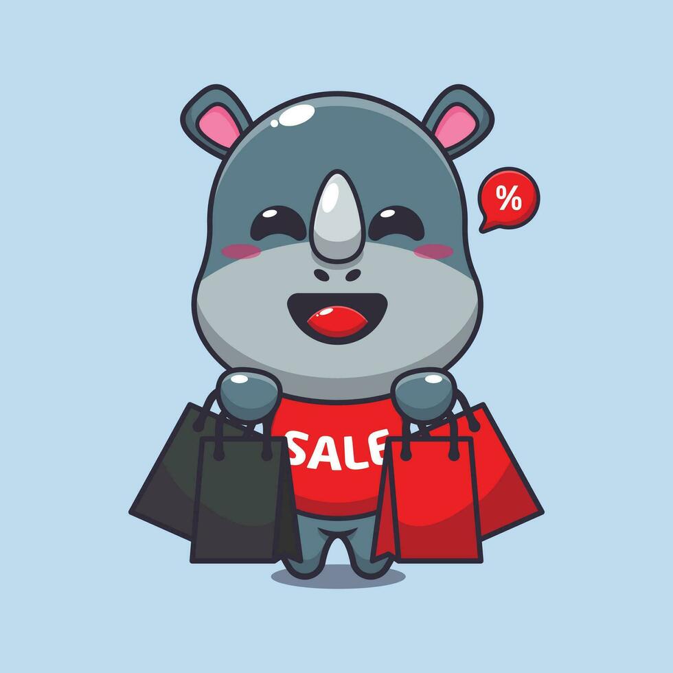 cute rhino with shopping bag in black friday sale cartoon vector illustration