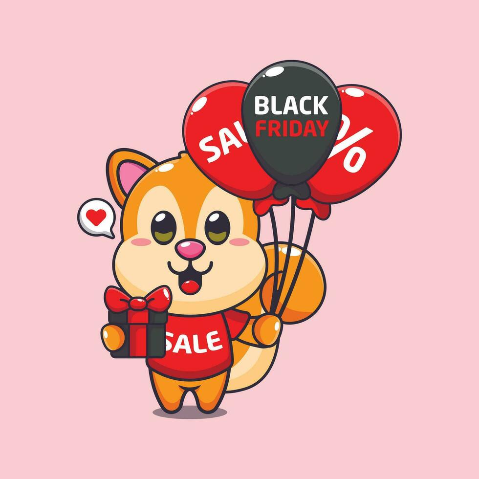cute squirrel with gifts and balloons in black friday sale cartoon vector illustration