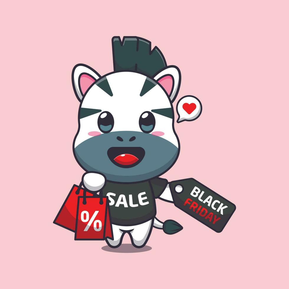 cute zebra with shopping bag and black friday sale discount cartoon vector illustration