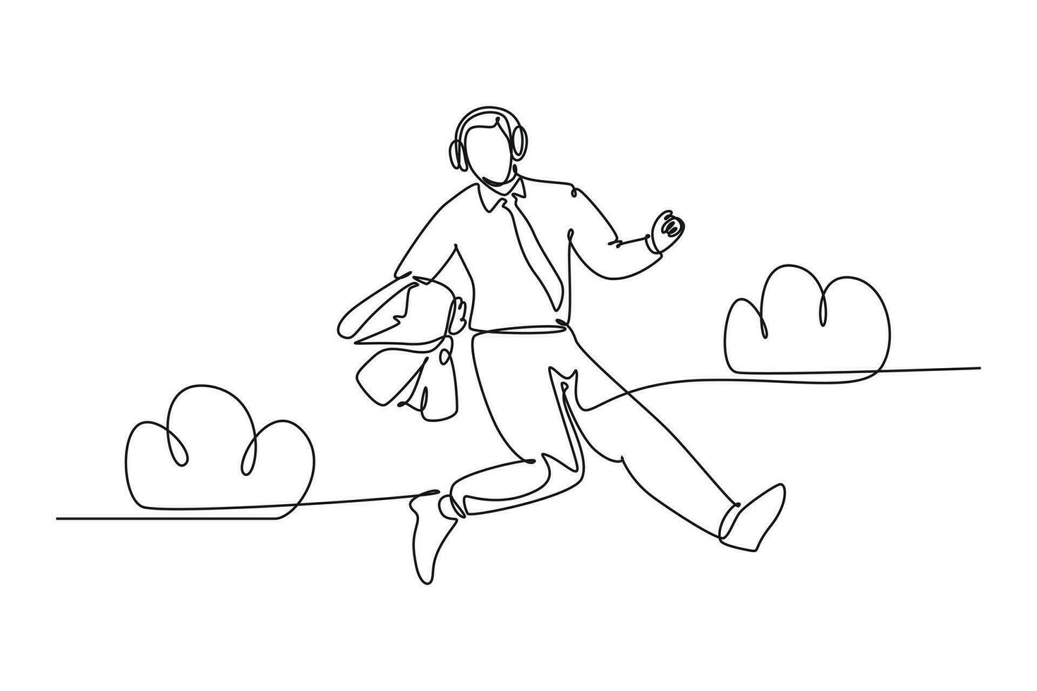 Continuous one line drawing of young happy business man carrying a suit jumping over the cloud while listening music. Business success celebration. Single line draw design vector graphic illustration