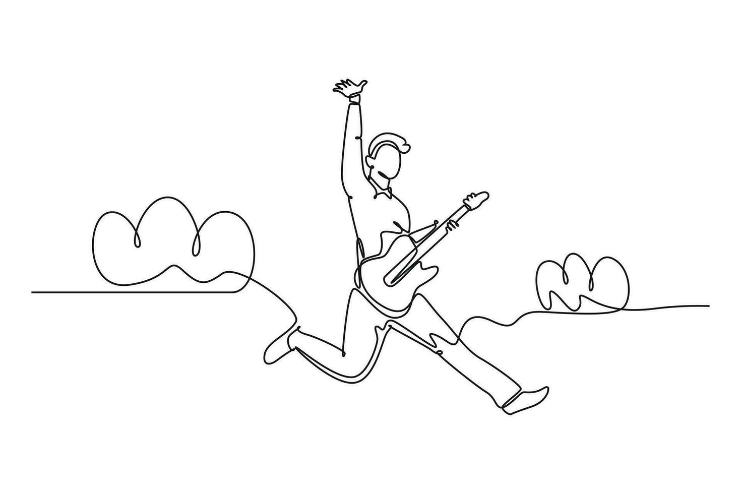 Continuous one line drawing young energetic guitarist jumping at stage and playing electric guitar. Energetic musician artist performance concept. Single line draw design vector graphic illustration