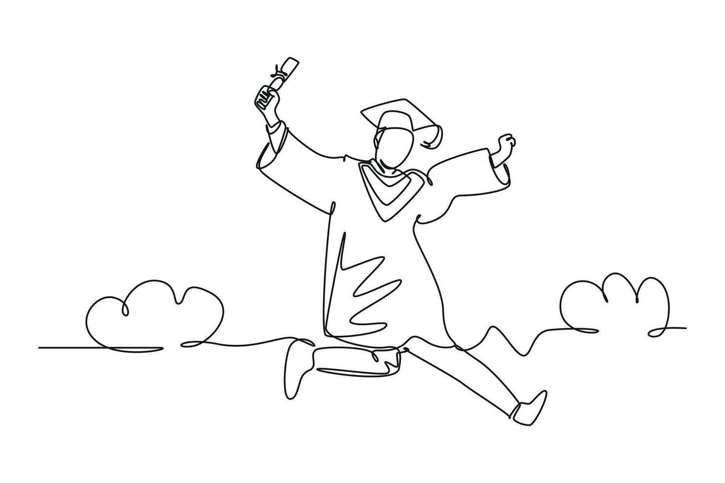 Single continuous line drawing of young happy college student jumping high to celebrate his school graduation. Education celebration concept. Dynamic one line draw graphic design vector illustration