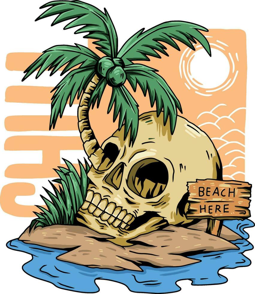 Vector illustration of a skull enjoying summer time at the beach. Suitable for t shirt design, sticker, poster, print, etc