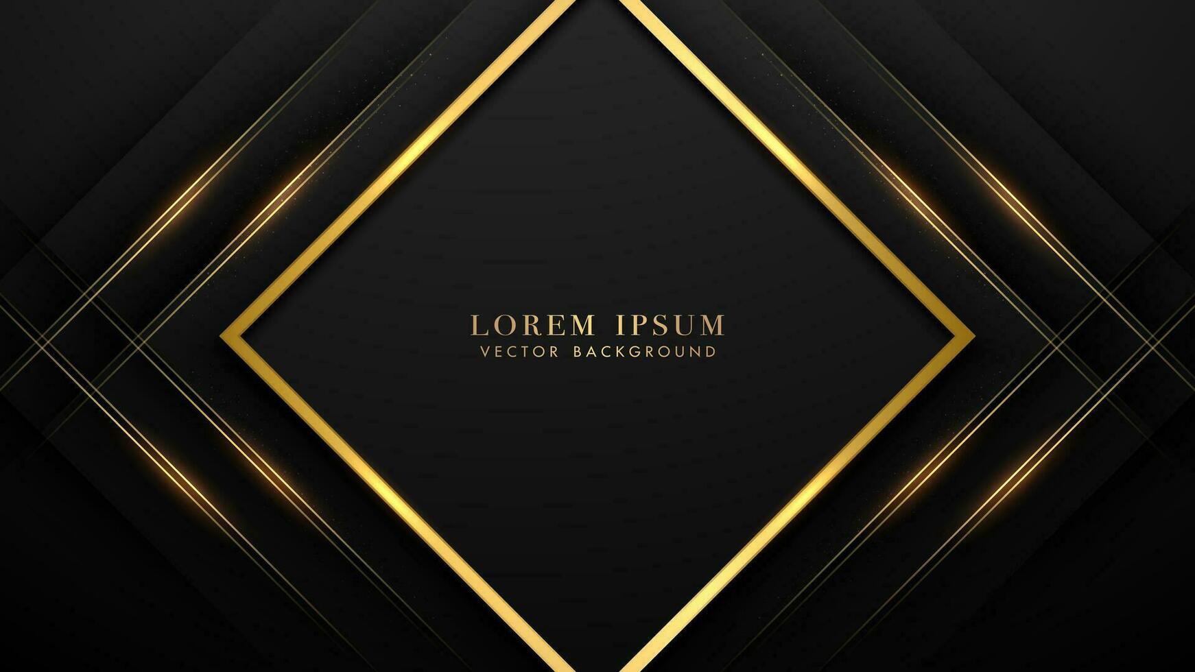 Square frame with golden lines, sparkle glowing and glitter light effect decoration. Luxury style design black background vector