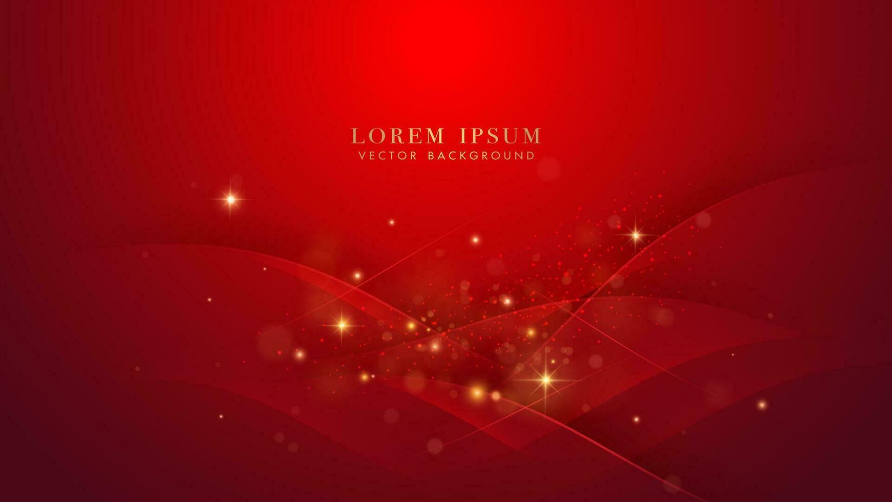 Red curve with sparkle glowing effect, shine dots, and bokeh elements on red background. Luxury style design concept vector