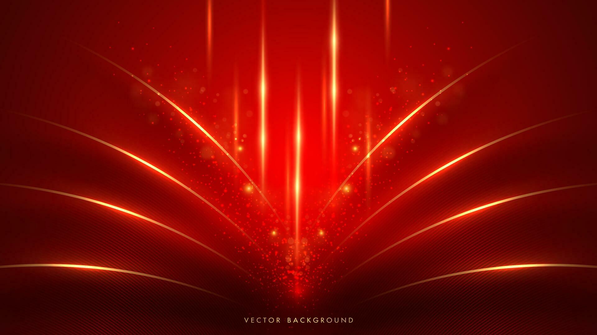 Luxury red background with golden lines, sparkle glow, glitter light and beam effect decoration