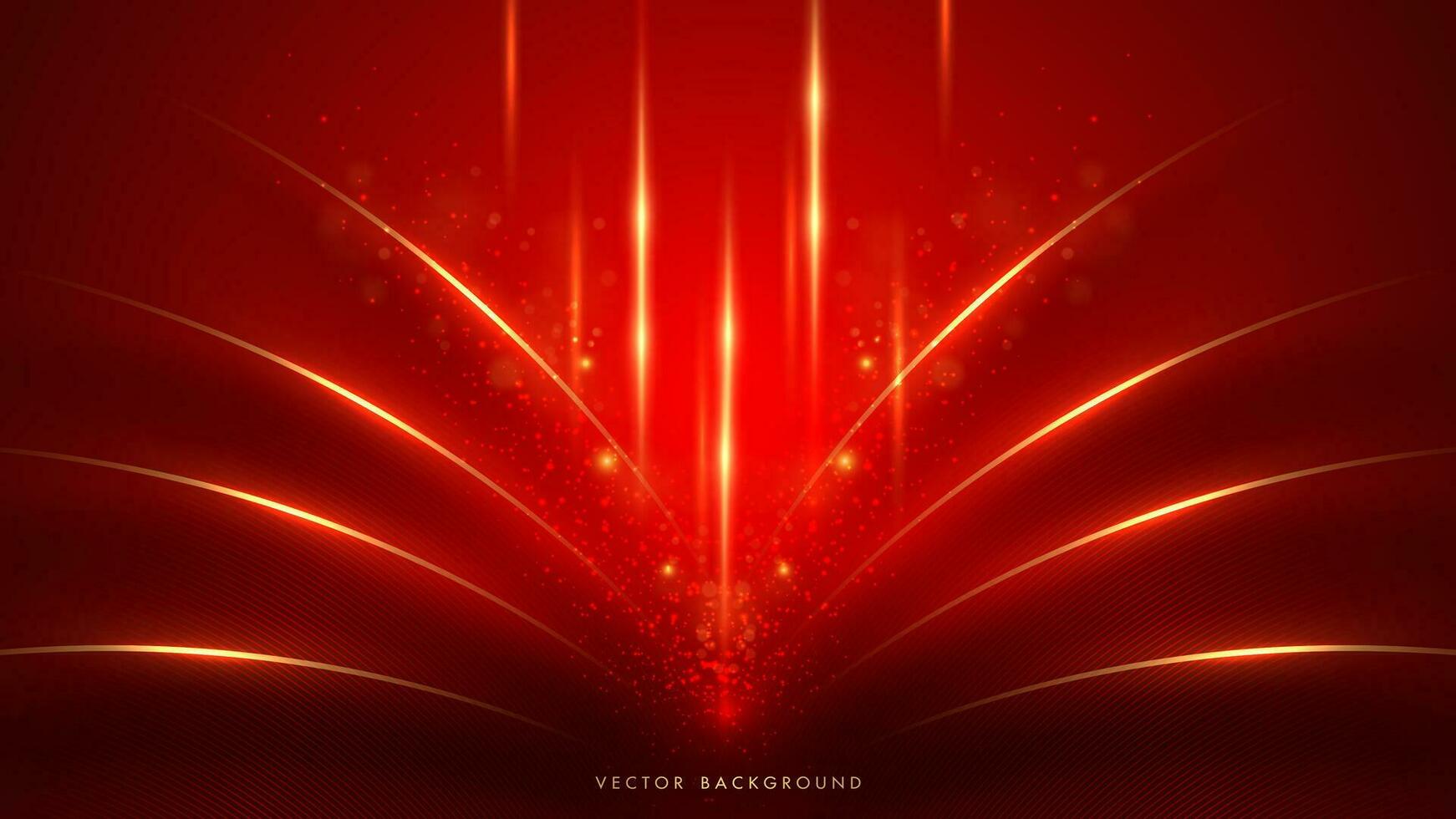 Luxury red background with golden lines, sparkle glow, glitter light and beam effect decoration vector