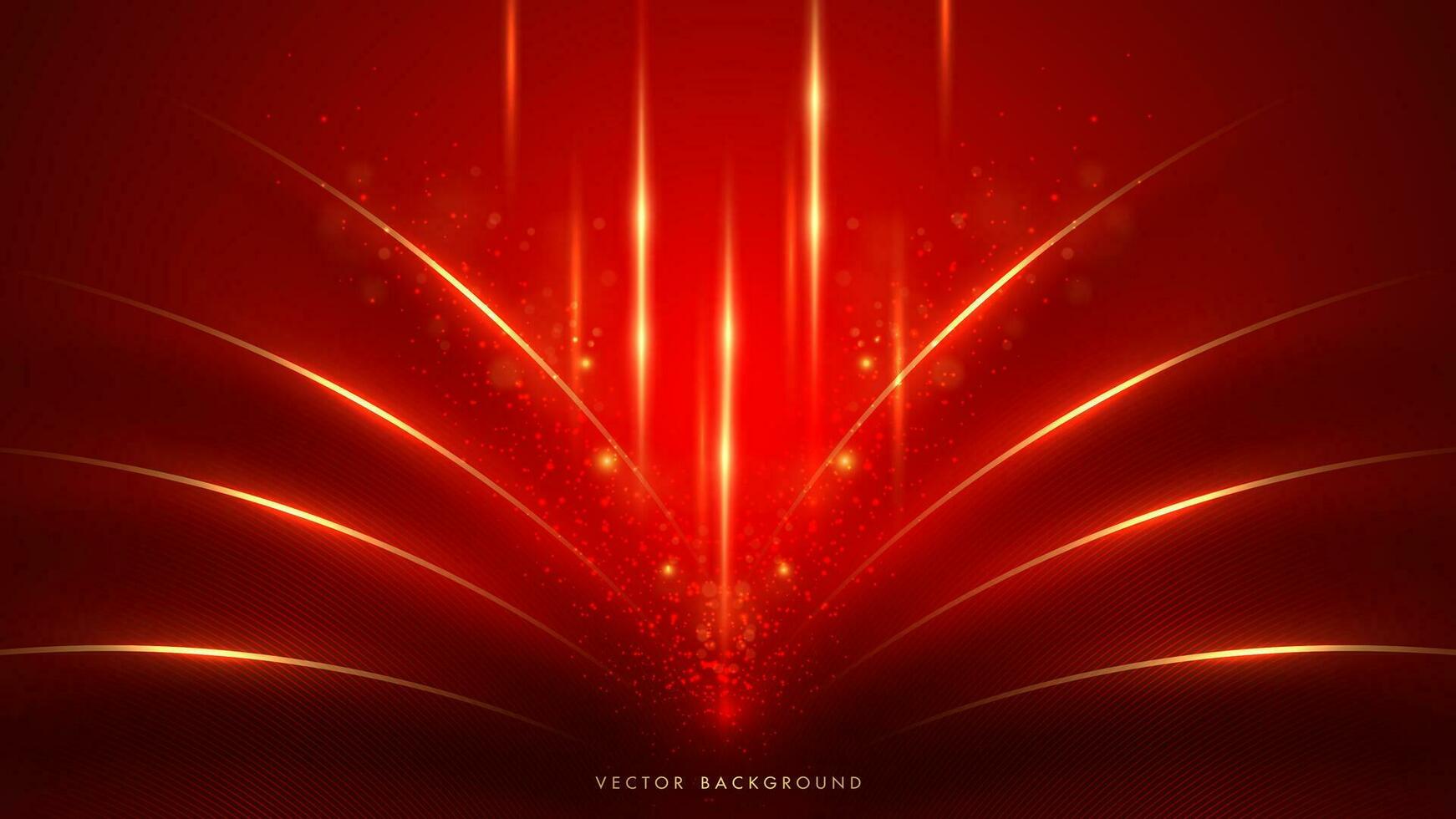 Luxury red background with golden lines, sparkle glow, glitter light and beam effect decoration vector