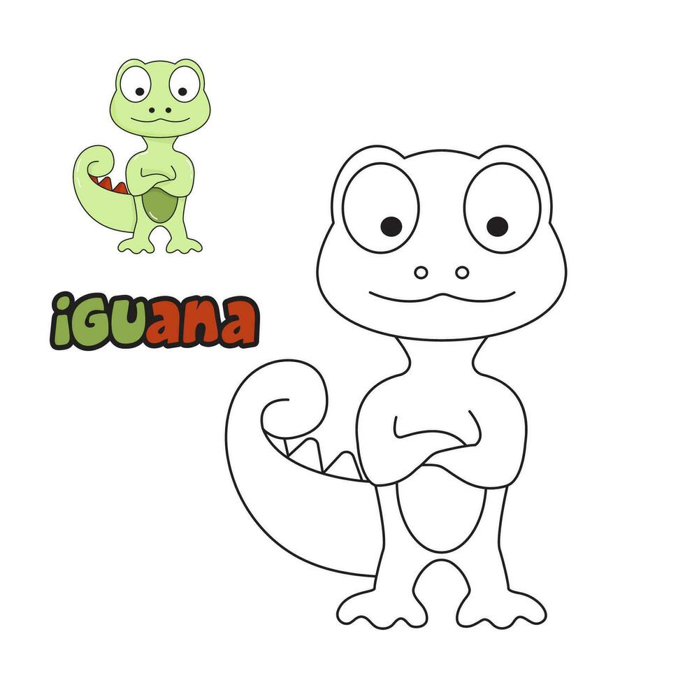 Vector illustration. Coloring book , Coloring iguana. Cartoon animal. Clipart set for nursery poster, Practice skills