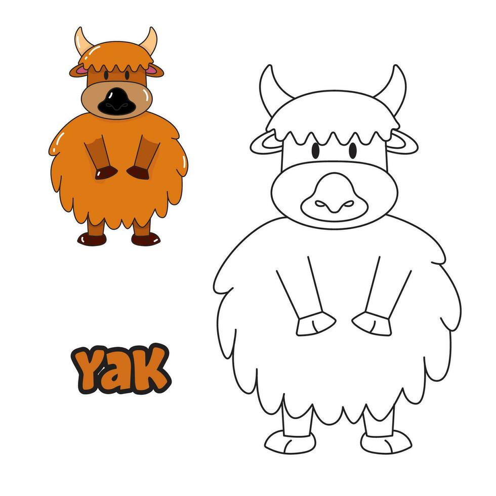 Vector illustration. Coloring book , Coloring yak. Cartoon animal. Clipart set for nursery poster, Practice skills