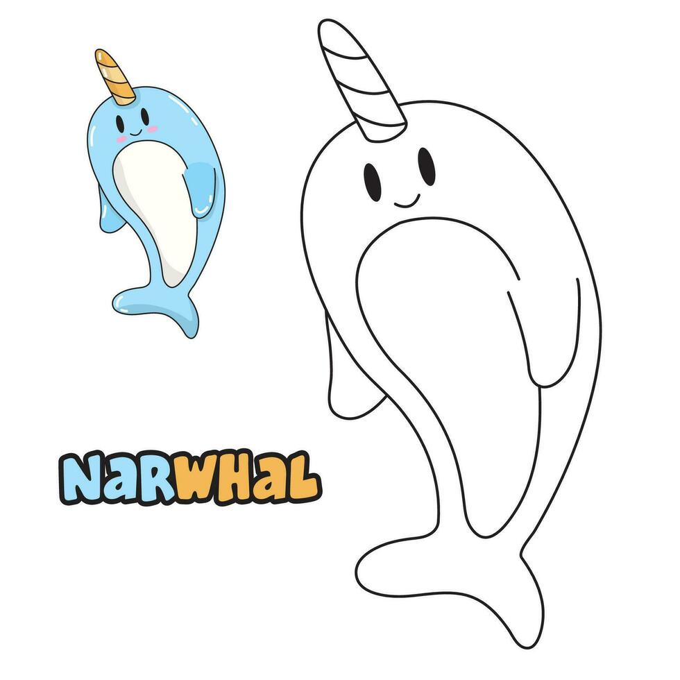 Vector illustration. Coloring book , Coloring Narwhal. Cartoon animal. Clipart set for nursery poster, Practice skills