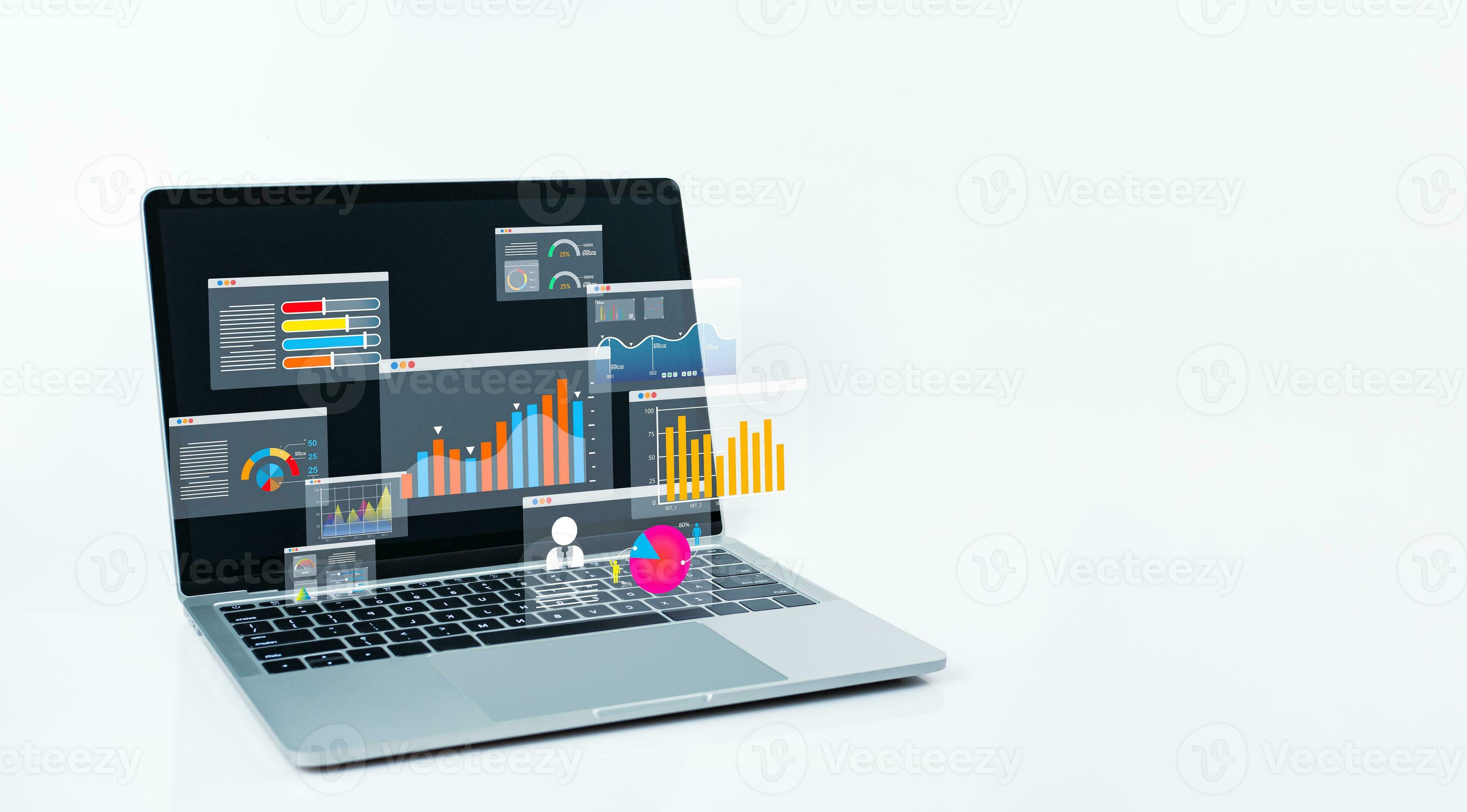 Laptop computer on white background and dashboard for business analysis