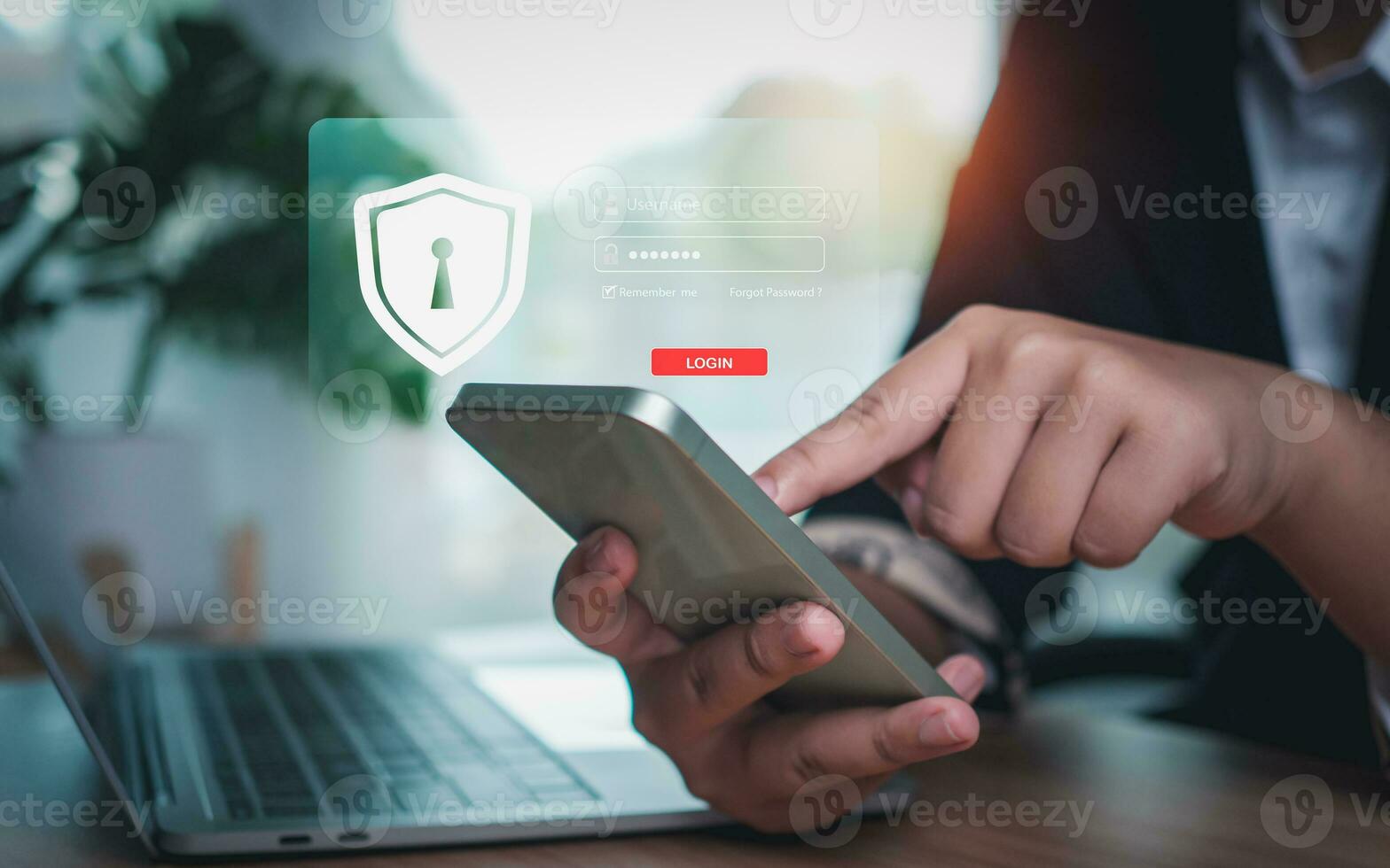 Business woman is pressing the login screen of smartphone. Represents protection against external hacking of the system. Security concepts for protecting against code, viruses, firmware, and malware photo