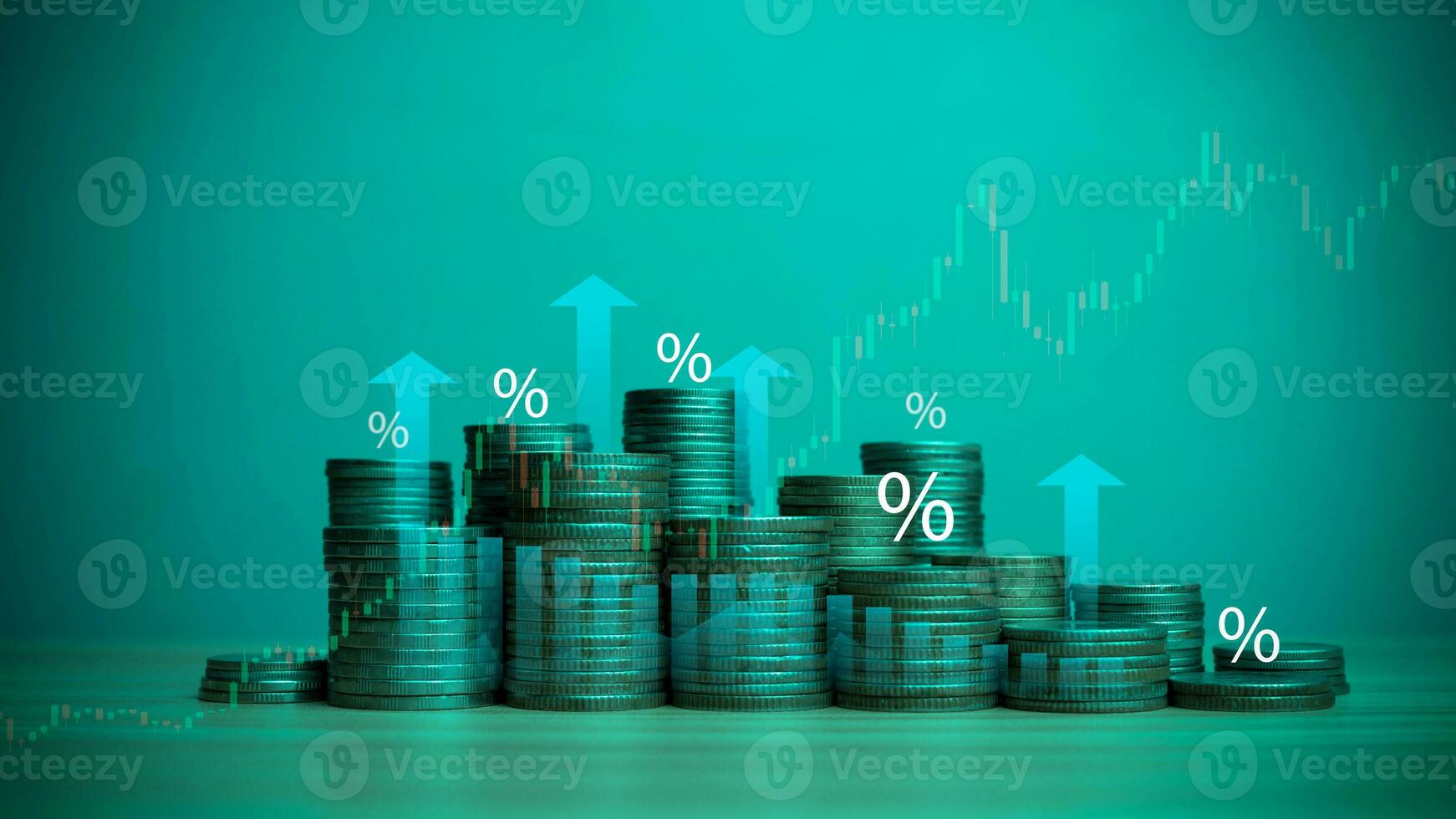 Coins are lined up on a wooden floor along with index charts, arrows and candlesticks. Represents financial, economic, business growth concepts. Financial success concept. Abstract finance background. photo