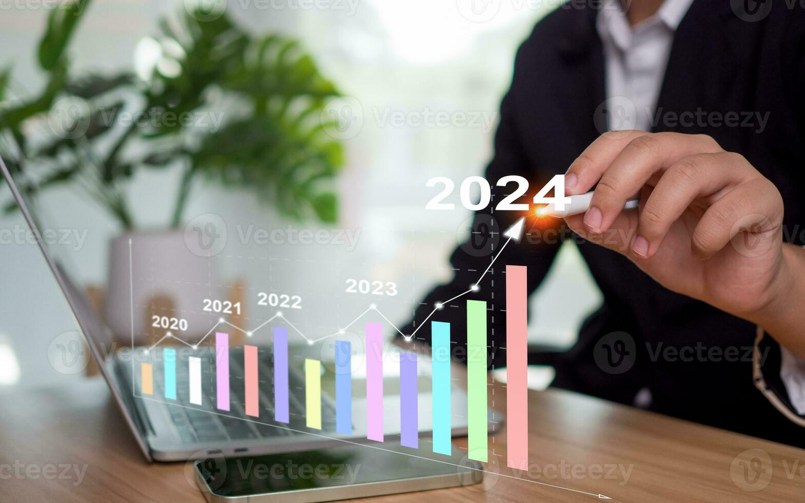 Stock trading. Finance. Investing. Growing business. Businesswoman in suit pointing with a pen at the tip of an arrow and a graph bar Represents business growth in 2024. concept of goals for 2024 photo