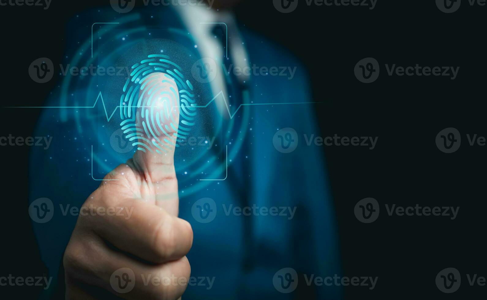 Businessman scan fingerprint biometric identity and approval. Secure access granted by valid fingerprint scan, Business Technology Safety Internet Network Concept. photo