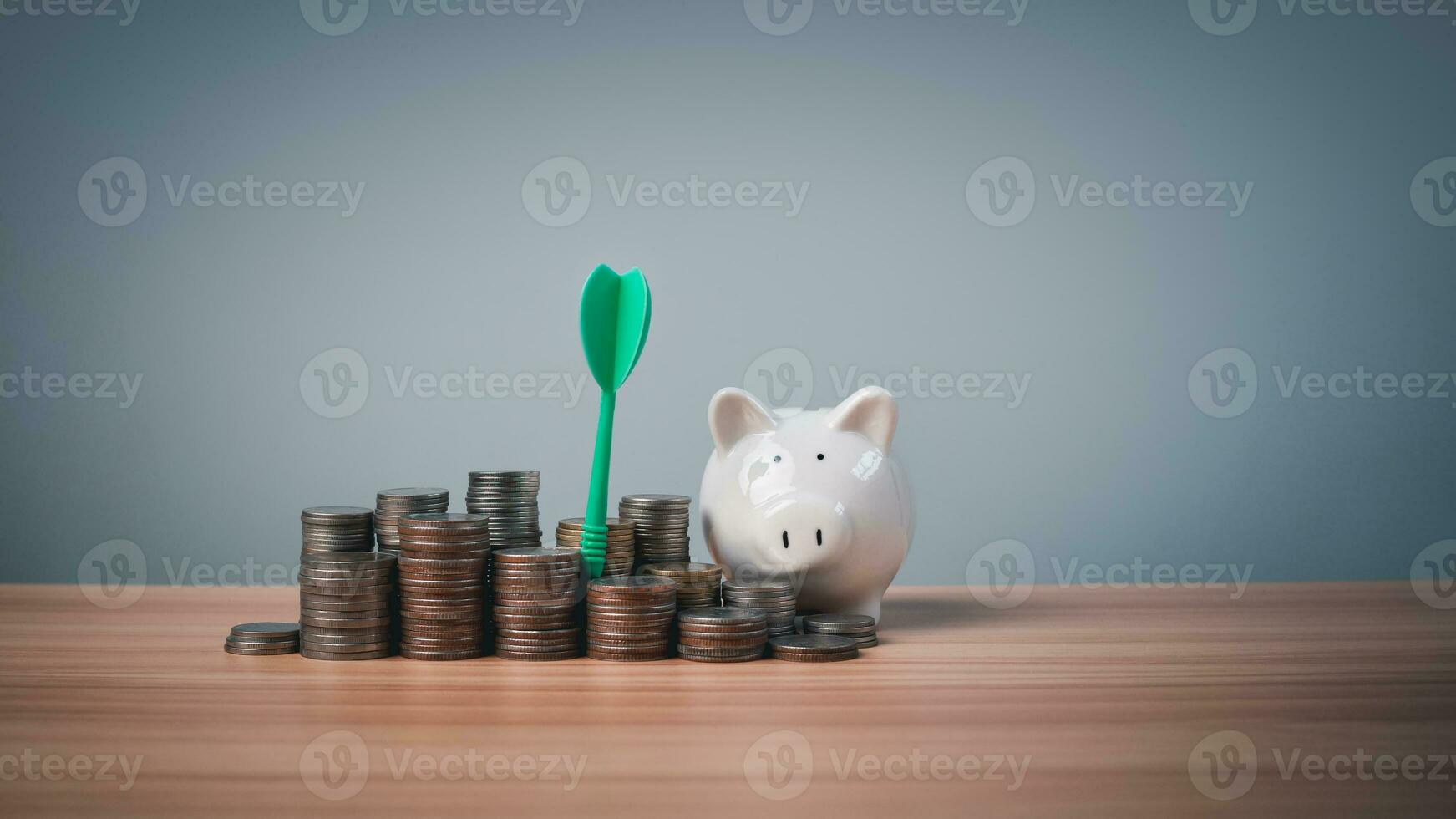 Piggy bank and coins lined up on a wooden background with target icons on a white background. Financial concepts, savings and investments photo