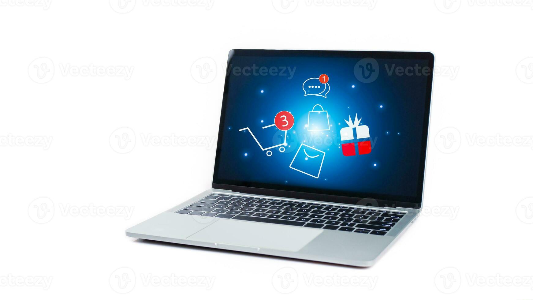 Cart and gift box icon on laptop computer on white background. Online shopping, marketplace platform website, e-commerce technology, dropshipping, logistics, and online payment concept. photo