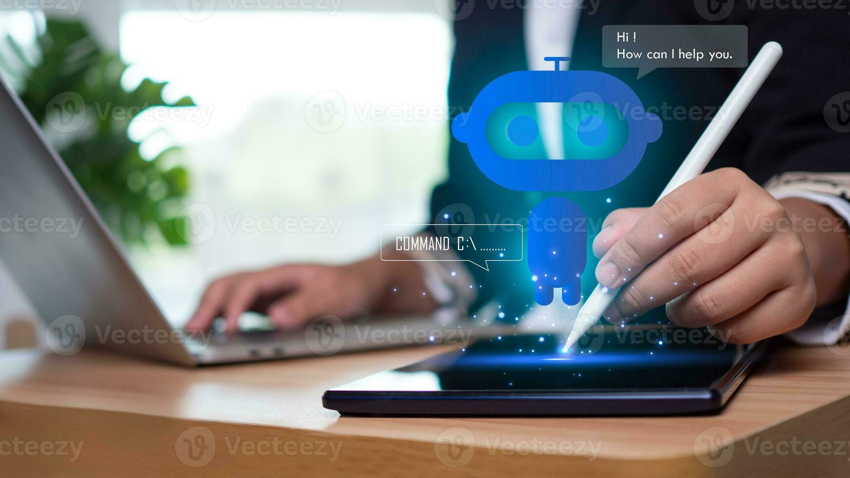 Businesswoman pointing stylus pen at tablet to type chat questions and answers with artificial intelligence chatbot assistant. photo