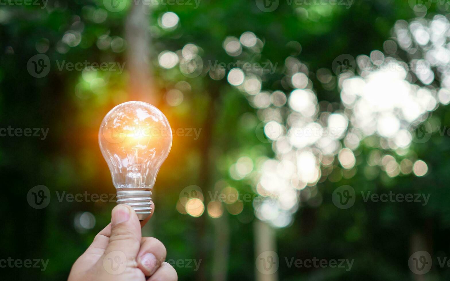 Human hand holds a light bulb with natural bokeh background. Idea, innovation and inspiration concept, creative concept,  earth day or protection of environment, save energy of the world. photo