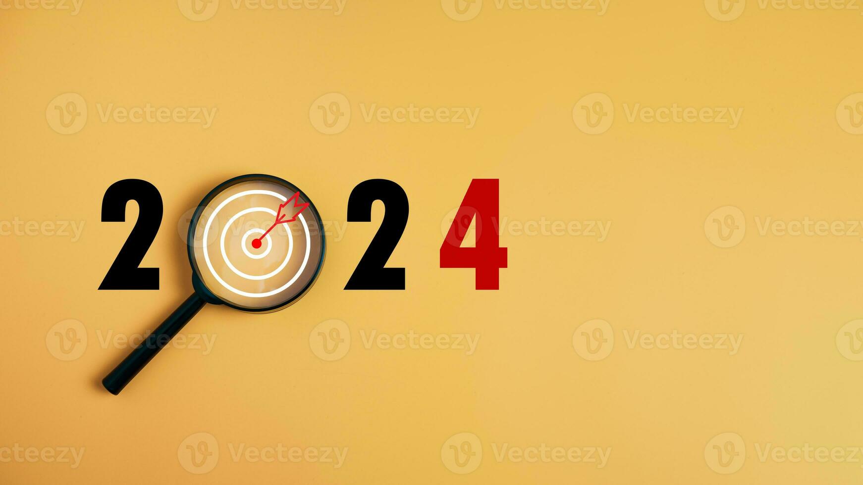The dartboard icon in a magnifying glass centered on the number 2024 on a yellow background. Represents the goal setting for 2024, the concept of a start. financial planning development strategy photo