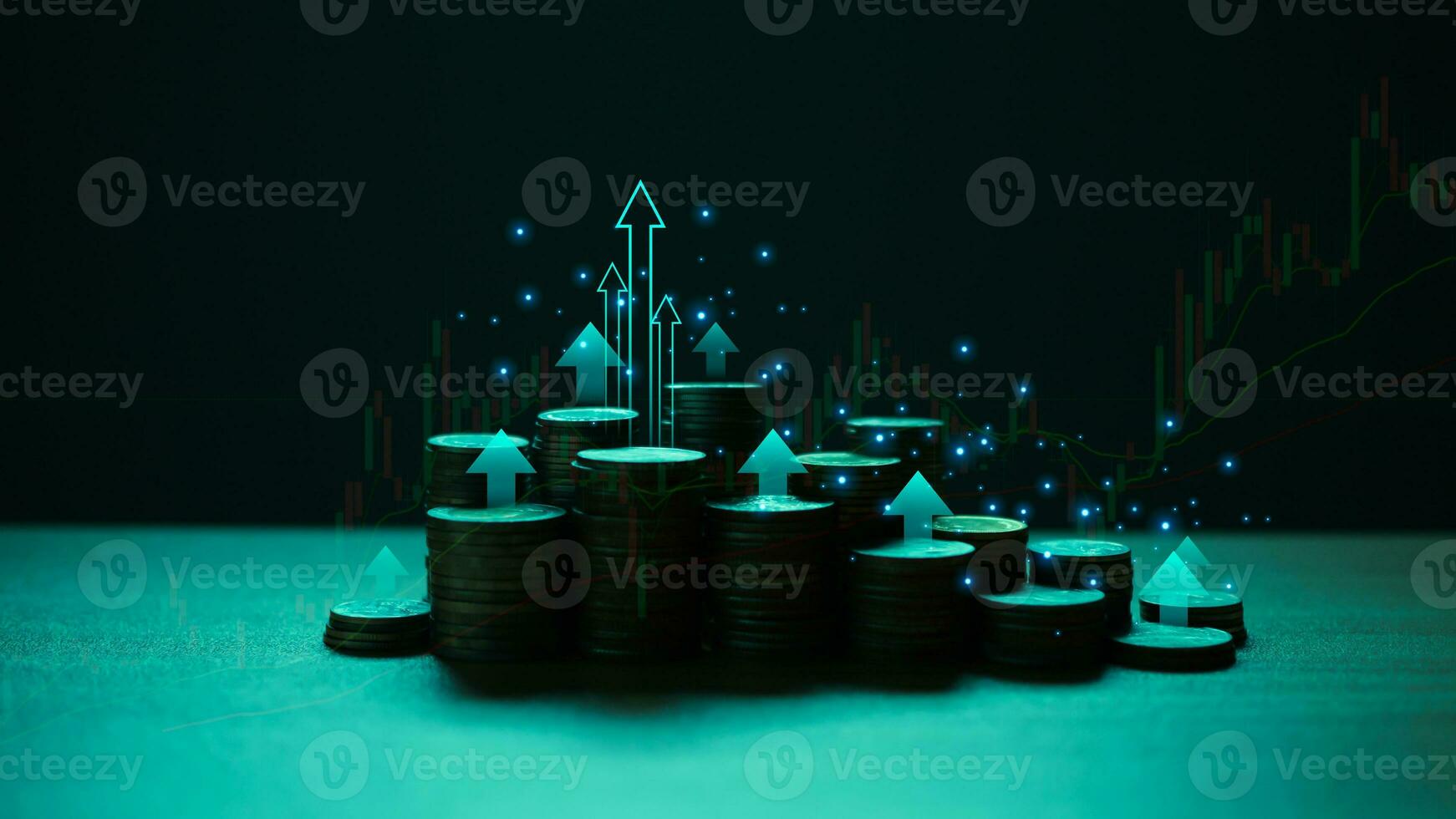 Coins are lined up on a wooden floor along with index charts, arrows and candlesticks. Represents financial, economic, business growth concepts. Financial success concept. Abstract finance background. photo