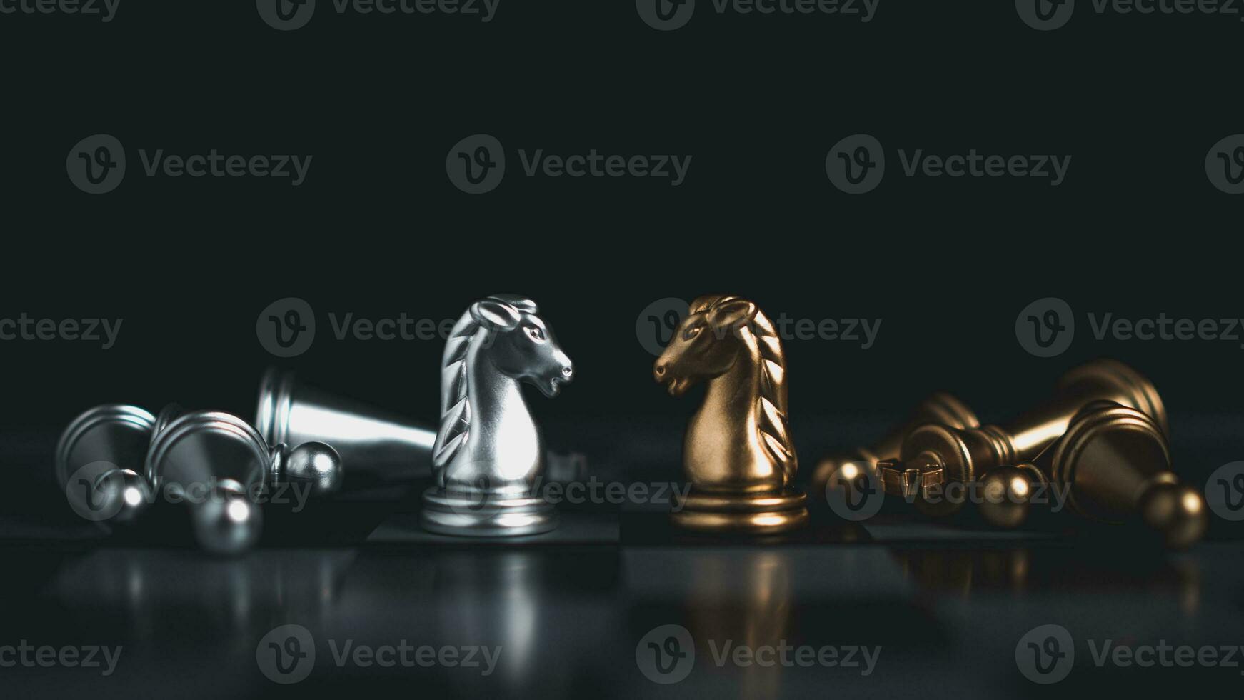 Gold and silver chess pieces in chess board game for business comparison. Leadership concepts, human resource management concepts, business administration concepts. photo