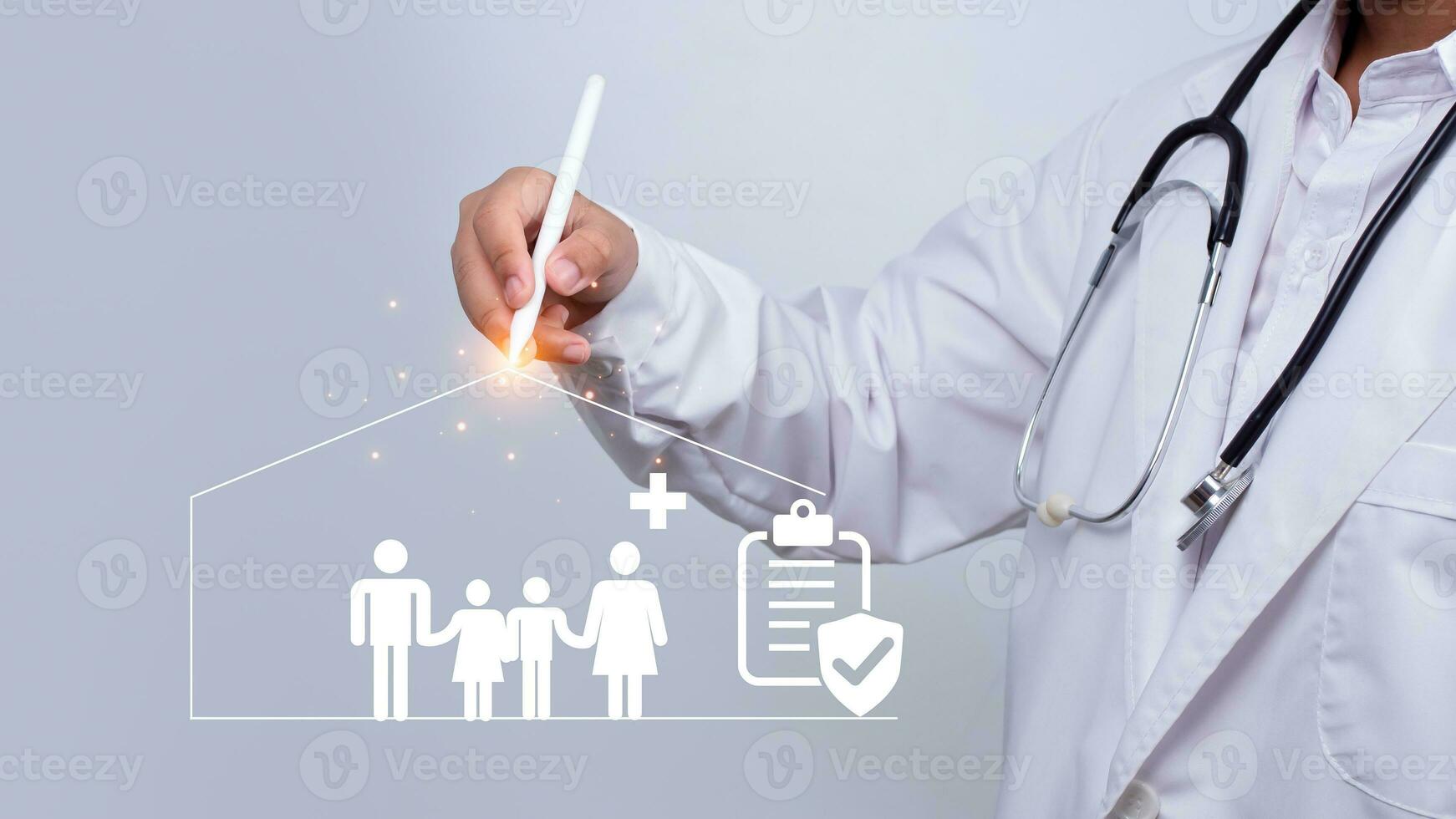 Doctor points stylus pen to show family icons in house frame and plus sign. Concept of health insurance and medical benefits. Health insurance and access to health care. Health care planning. photo