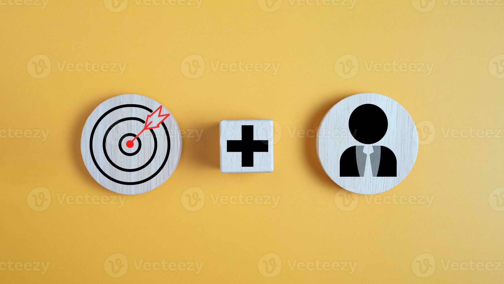 Wood cube block connection with manager icon.Concept of business strategy and goal action plan. Yellow background. photo