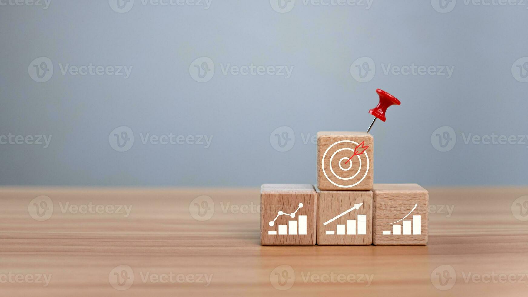 Wood cube block stacking with icon.Concept of business strategy and goal action plan. photo