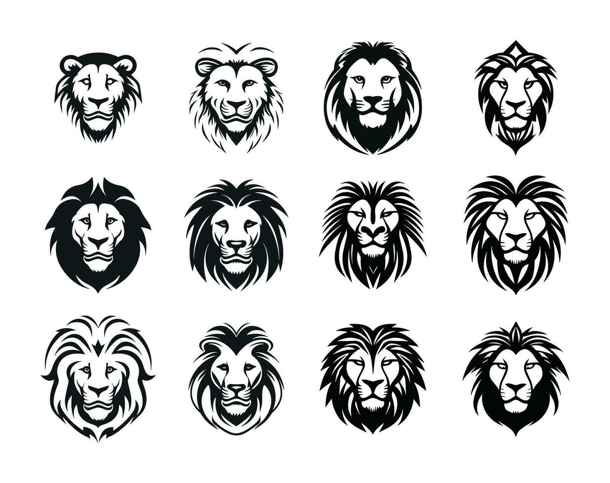 Lion head icon set Black and white illustration of lion head vector icons