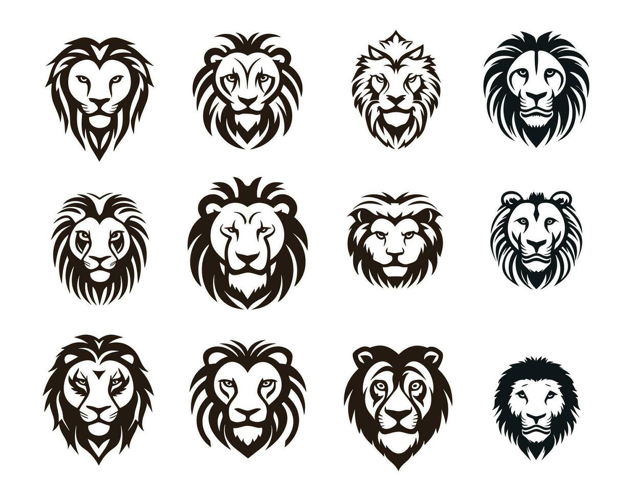 Lion head icon set Black and white illustration of lion head vector icons