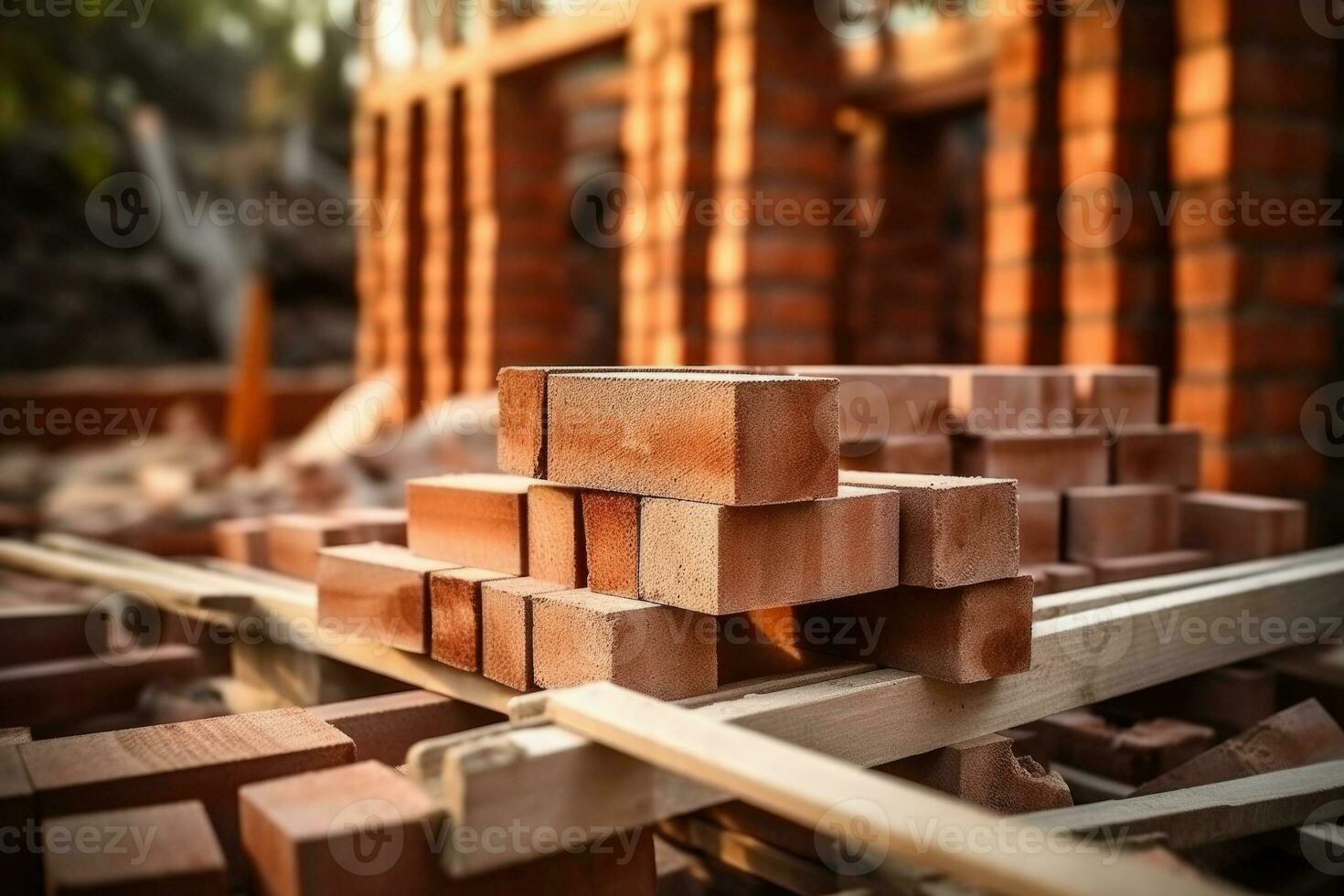 Red bricks stacked at a construction site. Generative AI photo