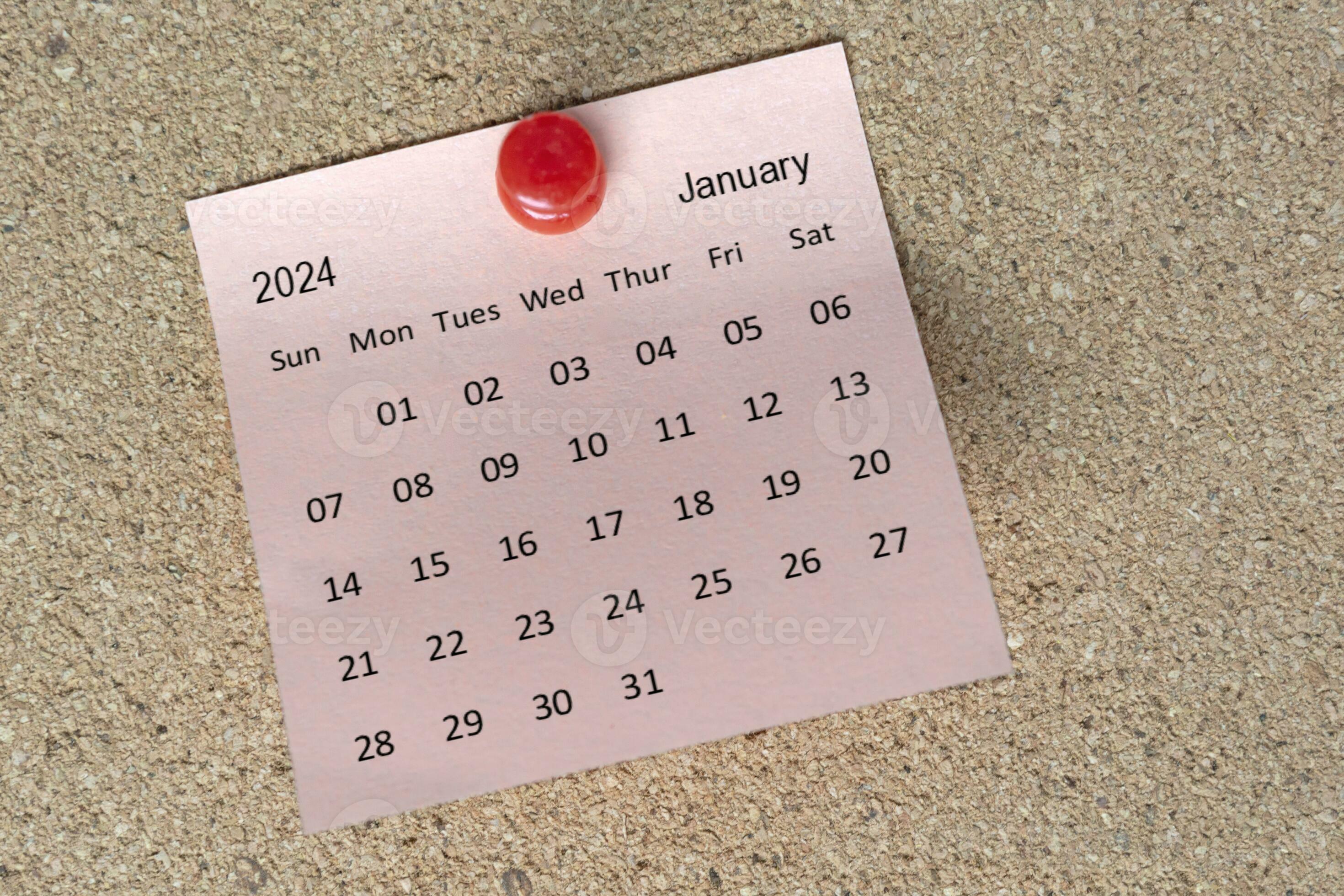 January 2024 calendar on sticky note. Reminder and 2024 new year