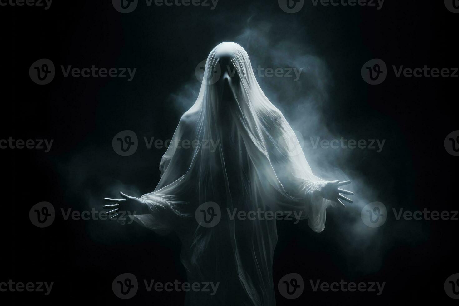 Scary ghost on dark background. Generative AI photo