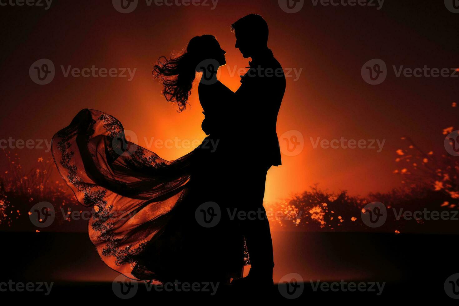 Silhouette of dancing couple at sunset. Generative AI photo