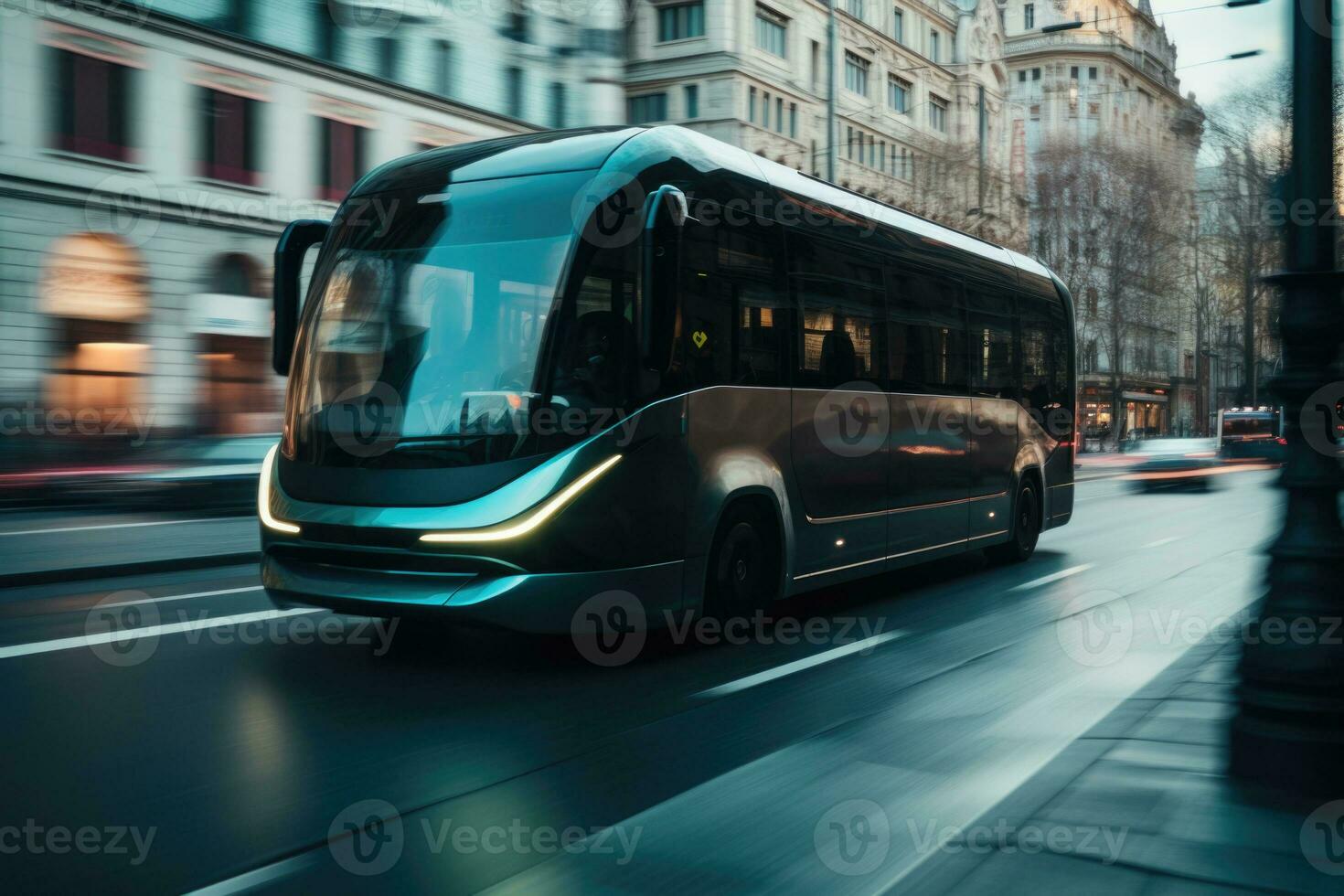 Electric bus at city street. Modern public transport. Generative AI photo