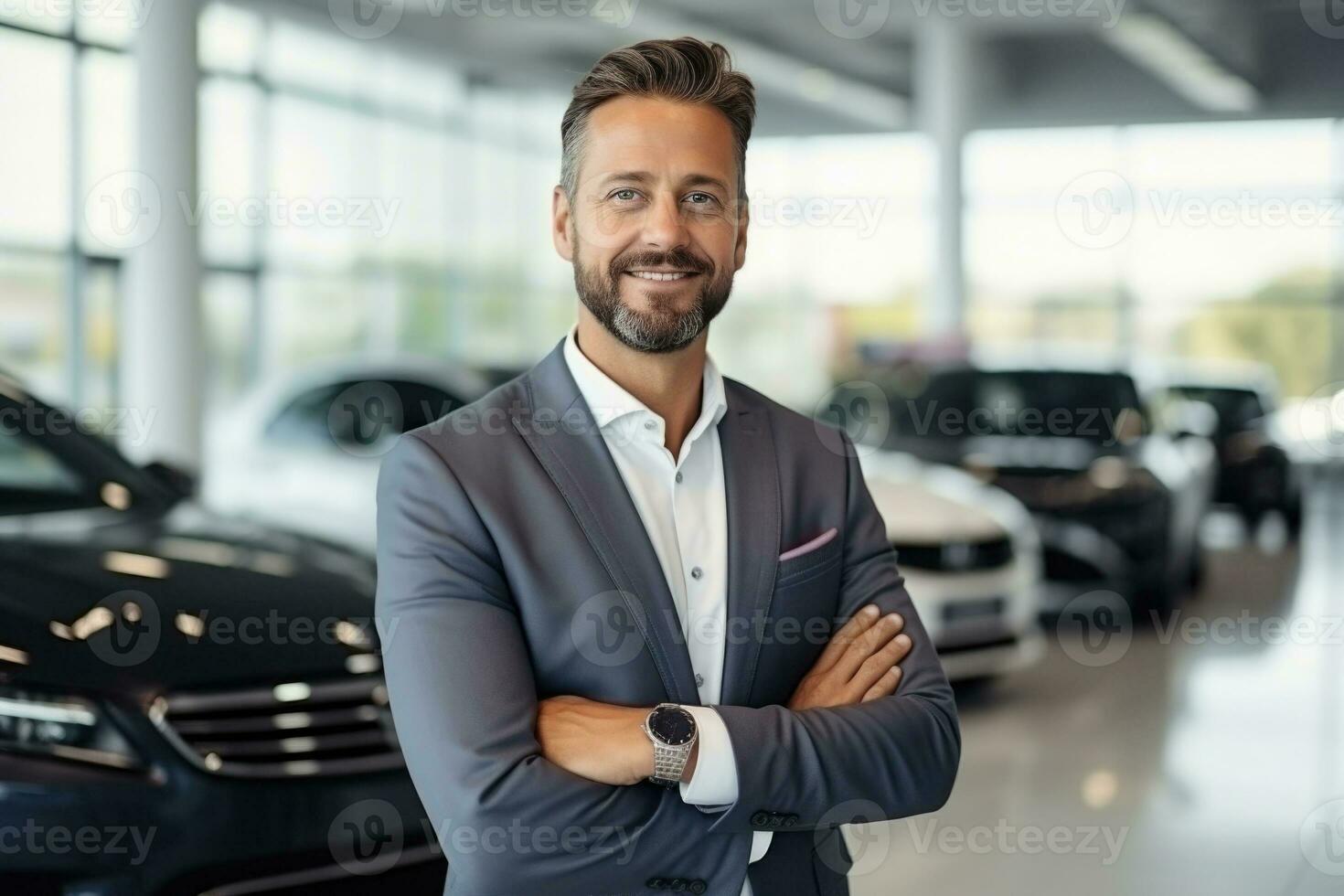 retrato de confidente vendedor en coche sala de exposición. generativo ai foto