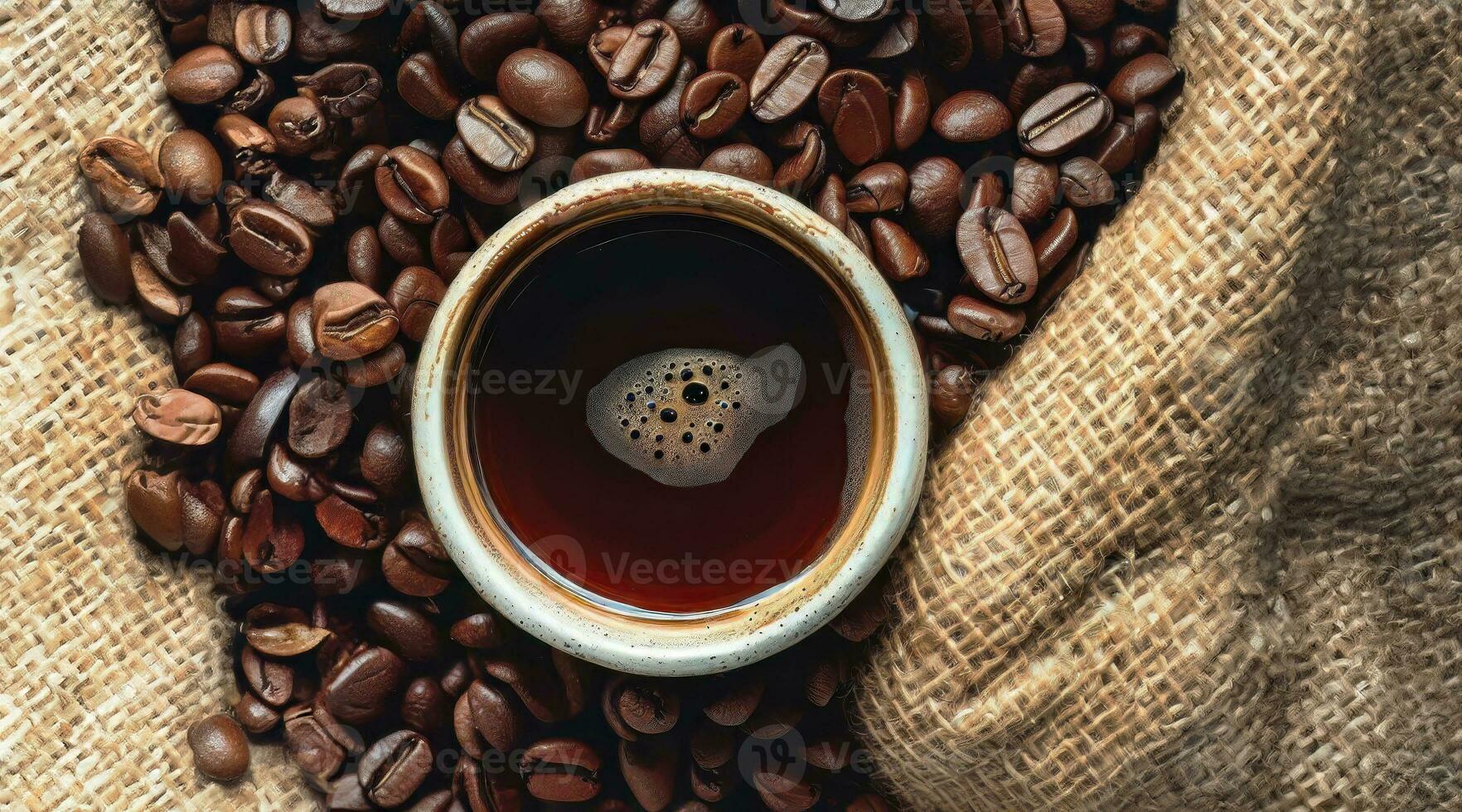 Top view a cup of coffee with coffee beans in background, dark roasted, ready to make, business concept, wallpaper, backdrop, industrial, world coffee day, generative Ai photo