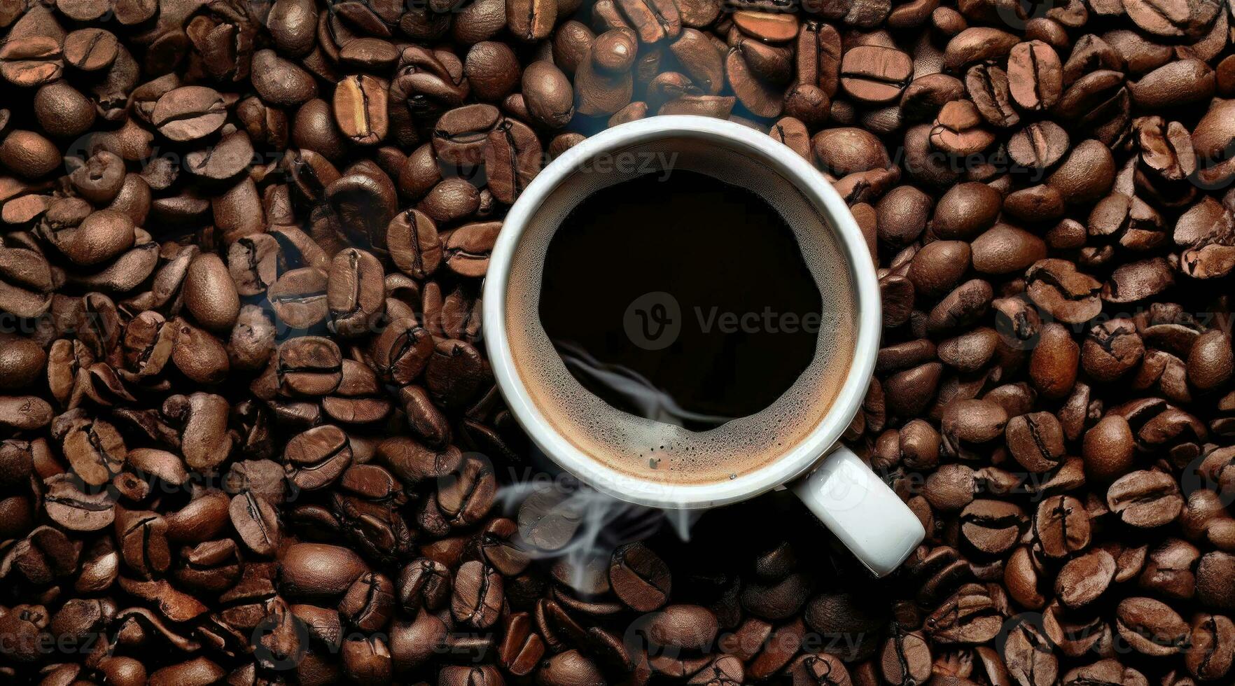 Top view a cup of coffee with coffee beans in background, dark roasted, ready to make, business concept, wallpaper, backdrop, industrial, world coffee day, generative Ai photo