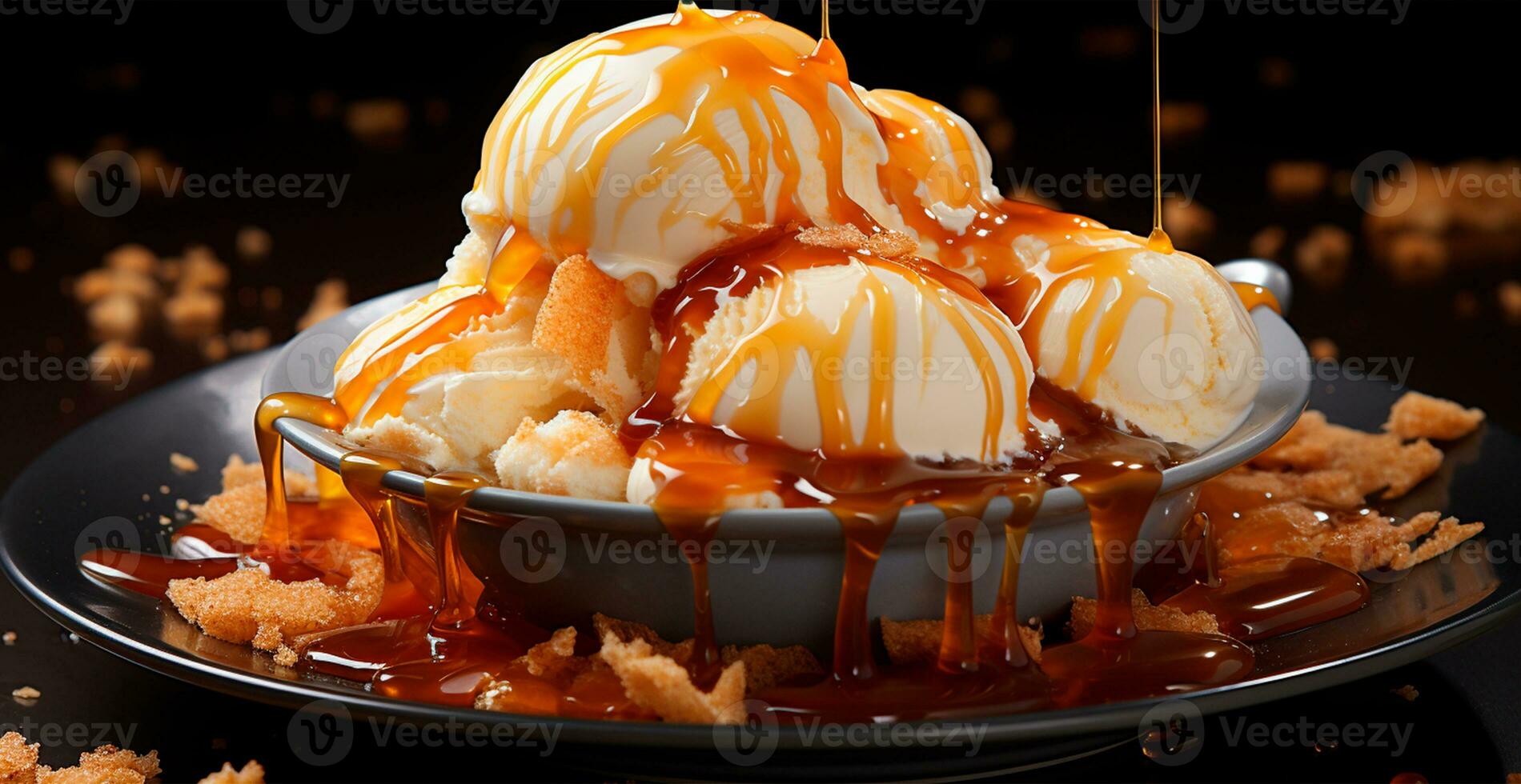 Ice cream in a plate, liquid sweet caramel, honey - AI generated image photo