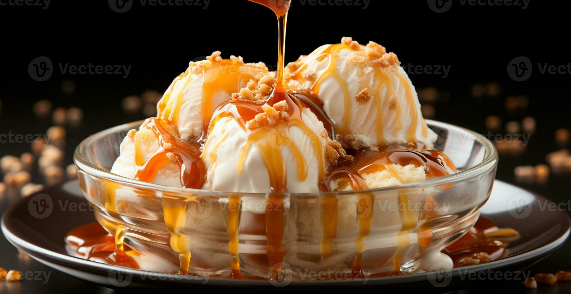 Ice cream in a plate, liquid sweet caramel, honey - AI generated image photo